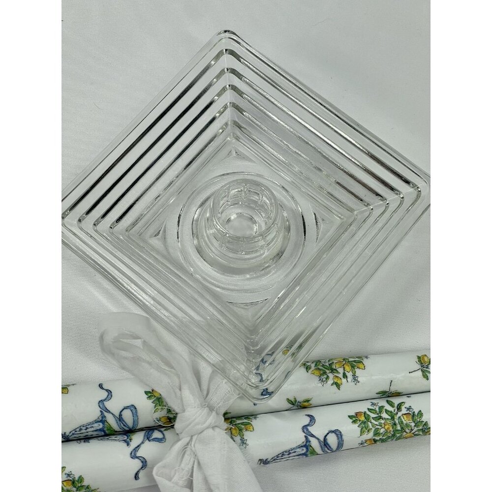 Pair Vintage MCM Art Deco Anchor Hocking Manhattan Glass Candle Holders Set Of 2